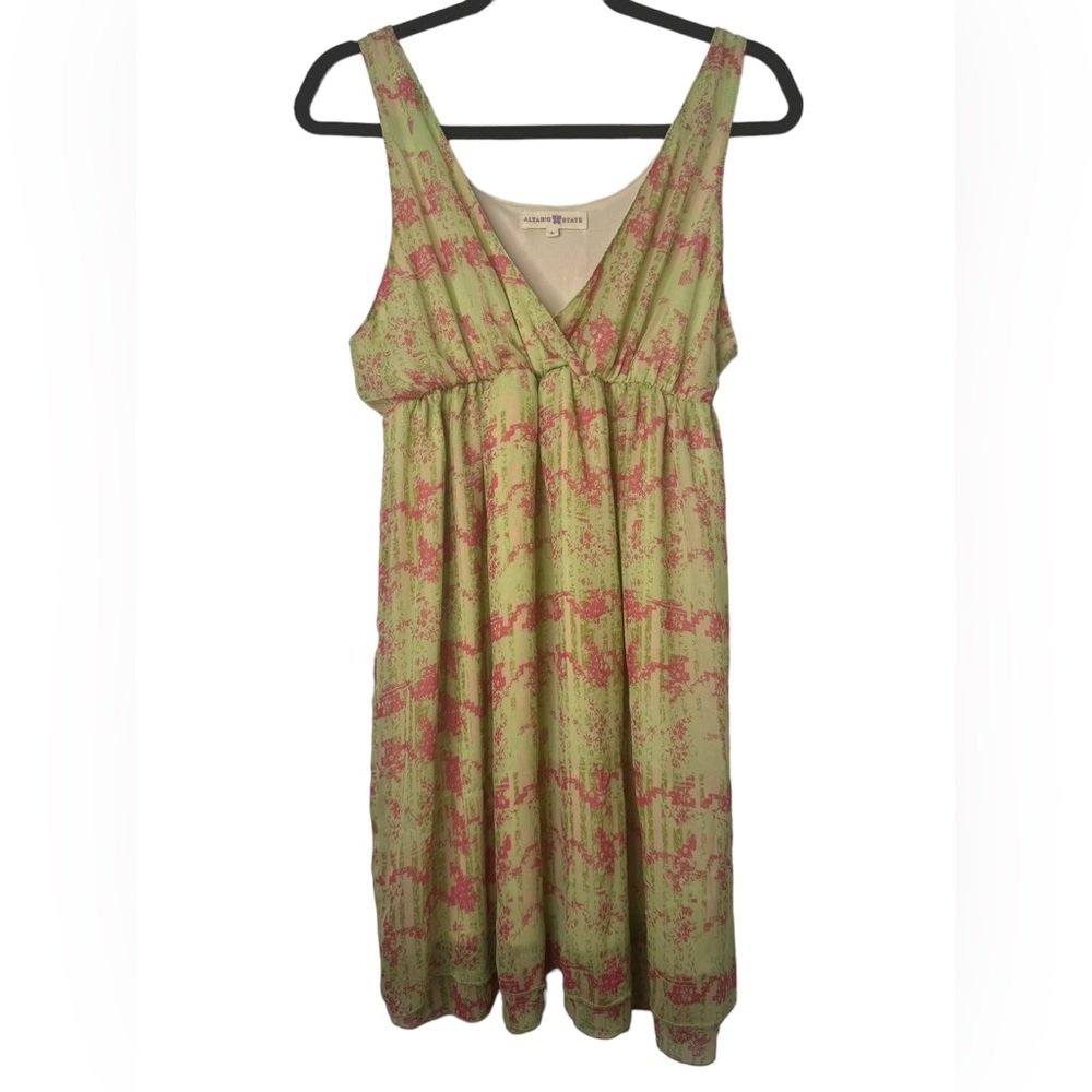 Altar’d State V Neck Chiffon Pink Green Floral Print Women’s Dress Mini Size L